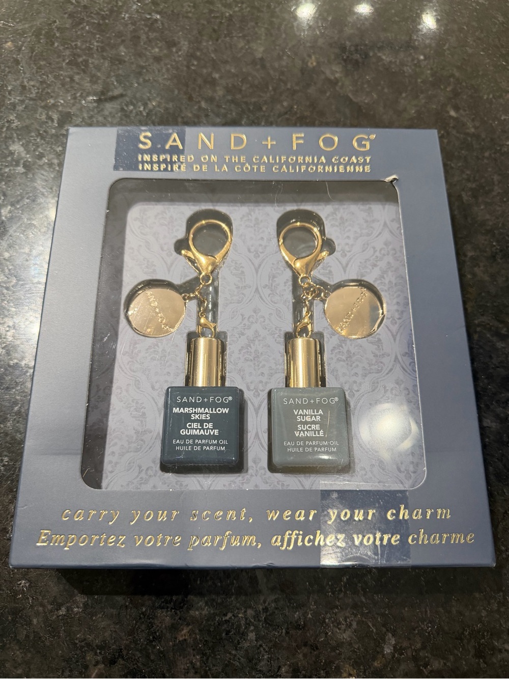 SAND+FOG Gold & Black Marshmallow & Vanilla Keychain Perfume Charm Set